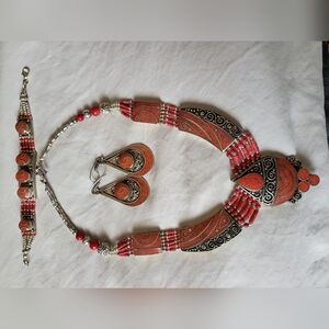 Genuine Composite Coral Tibetan Silver Necklacr Bracelet and Earring Set